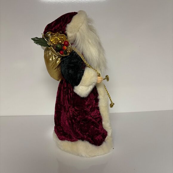 Santa Claus Figurine 16" Red Green Velvet Coat Faux Fur Trim Gold Sack Holiday - Picture 3 of 9